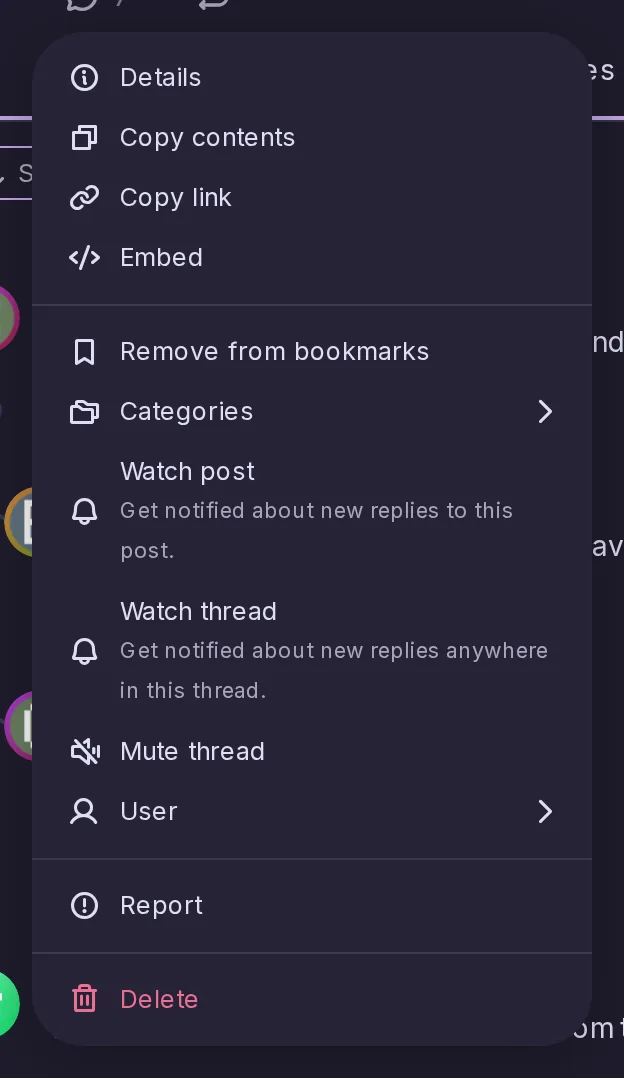 The menu of Bob's post offering Watch post and Watch thread, to be told of new replies.