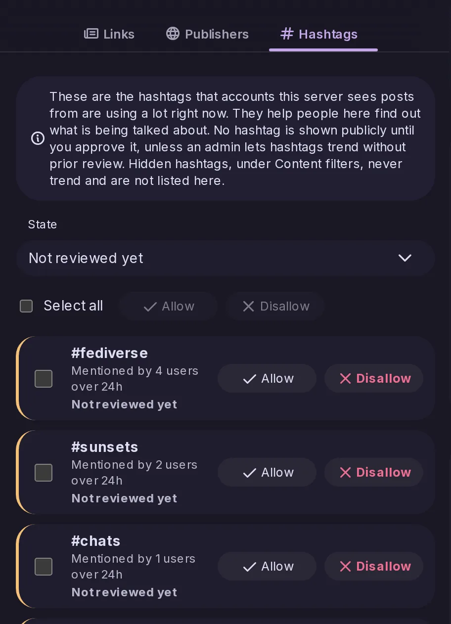 The Hashtags tab of the Control Panel trends: hashtags trending now, each with how many people used it over the trend period, Not reviewed yet, and Allow and Disallow buttons, with tick boxes and Select all.