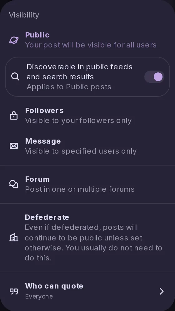 The visibility menu of the post form: Public, Unlisted, Followers only, Direct, and the switch to keep a post on this server only.