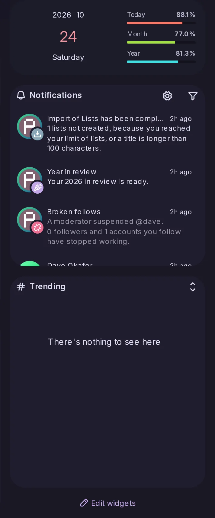 The widget column beside the timeline: a calendar showing how far through the day, month and year we are, the latest notifications, and trending hashtags.